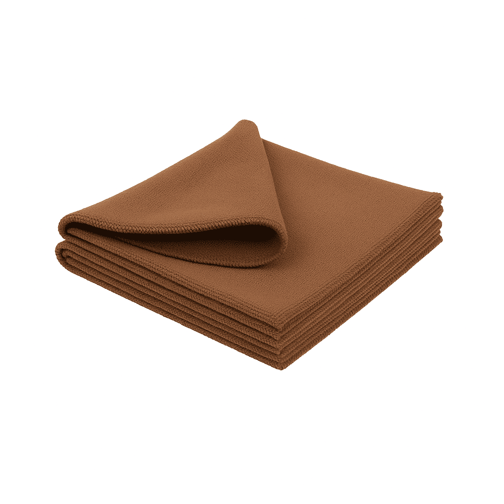 Brown microfiber cleaning cloth ultra-soft 300GSM towel for hotel housekeeping and professional cleaning.