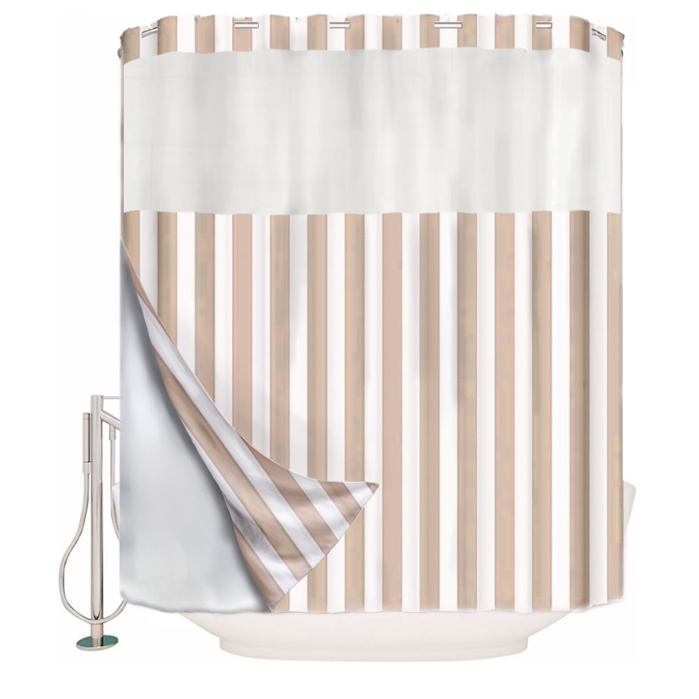 Hook Less Ivory Stripes Shower Curtain 2 Piece with Translucent Window & Removable Snap-On Liner