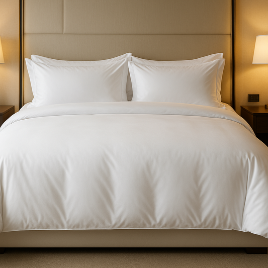 Durable 60/40 cotton-poly duvet cover in Double, Queen, and King, wrinkle-resistant and quick-drying for hotels and rentals.
