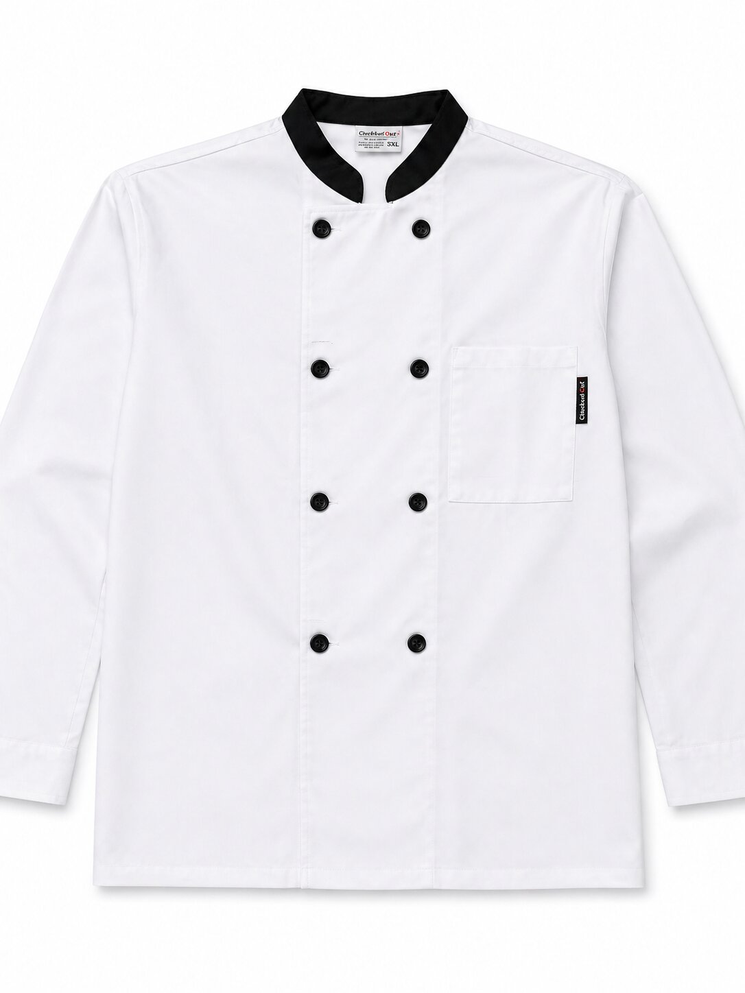 Professional white chef coat with black trim collar and buttons, durable kitchen uniform for hospitality and culinary use