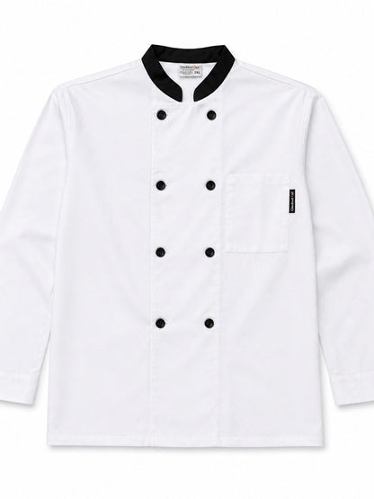Professional white chef coat with black trim collar and buttons, durable kitchen uniform for hospitality and culinary use