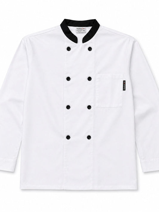 Professional white chef coat with black trim collar and buttons, durable kitchen uniform for hospitality and culinary use