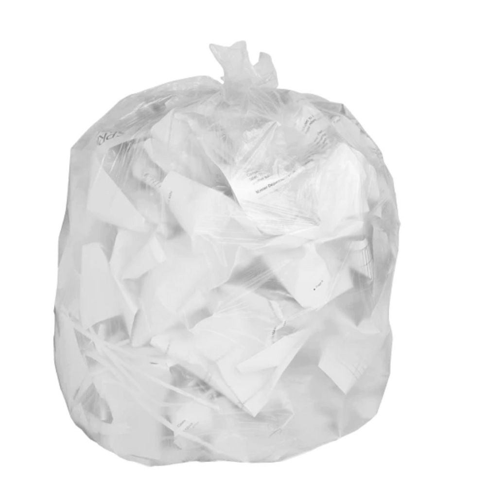Clear garbage bags 20x24 for hotels, durable and leak-resistant, ideal for housekeeping and daily waste management.