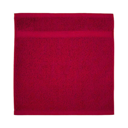 Red 12x12" spa and hotel washcloth, soft, quick-drying, and durable—perfect for sensitive skin in hospitality settings.