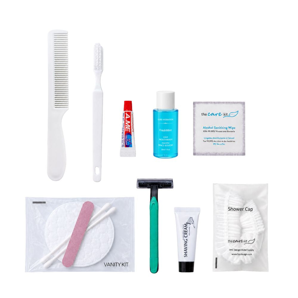 Guest personal care kit with dental, shaving and grooming essentials plus vanity kit, shower cap and sanitizing wipe.