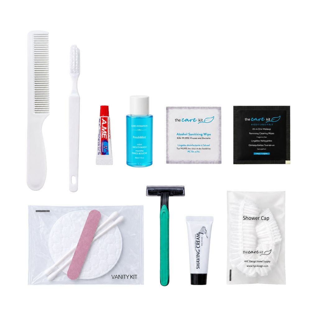 Complete hotel guest amenity collection with oral care, shaving, vanity, comb, shower cap and personal hygiene wipes.