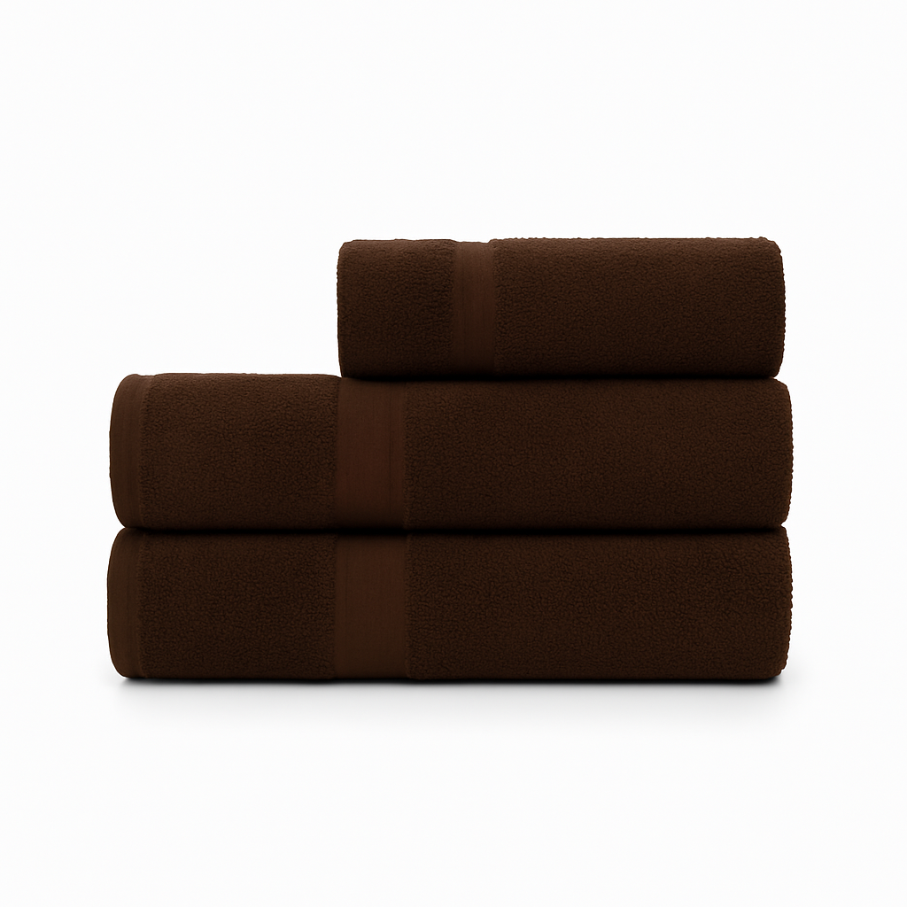 Affordable essential 3-piece dark brown towel set made from 100% combed cotton, soft and durable, perfect for hotels, spas, Airbnbs, or everyday home use