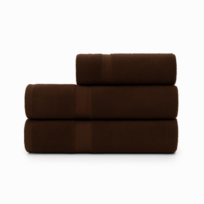 Affordable essential 3-piece dark brown towel set made from 100% combed cotton, soft and durable, perfect for hotels, spas, Airbnbs, or everyday home use