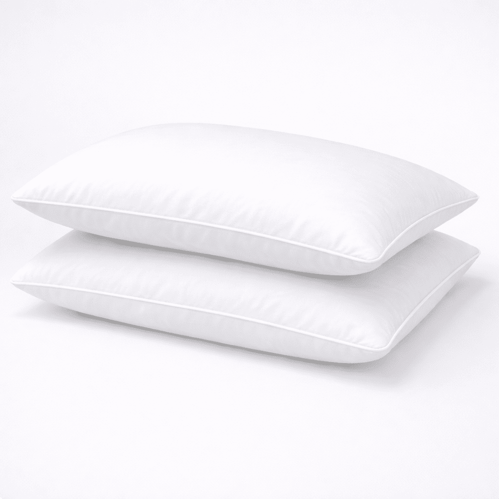 Two white deluxe pillows stacked on a light gray background