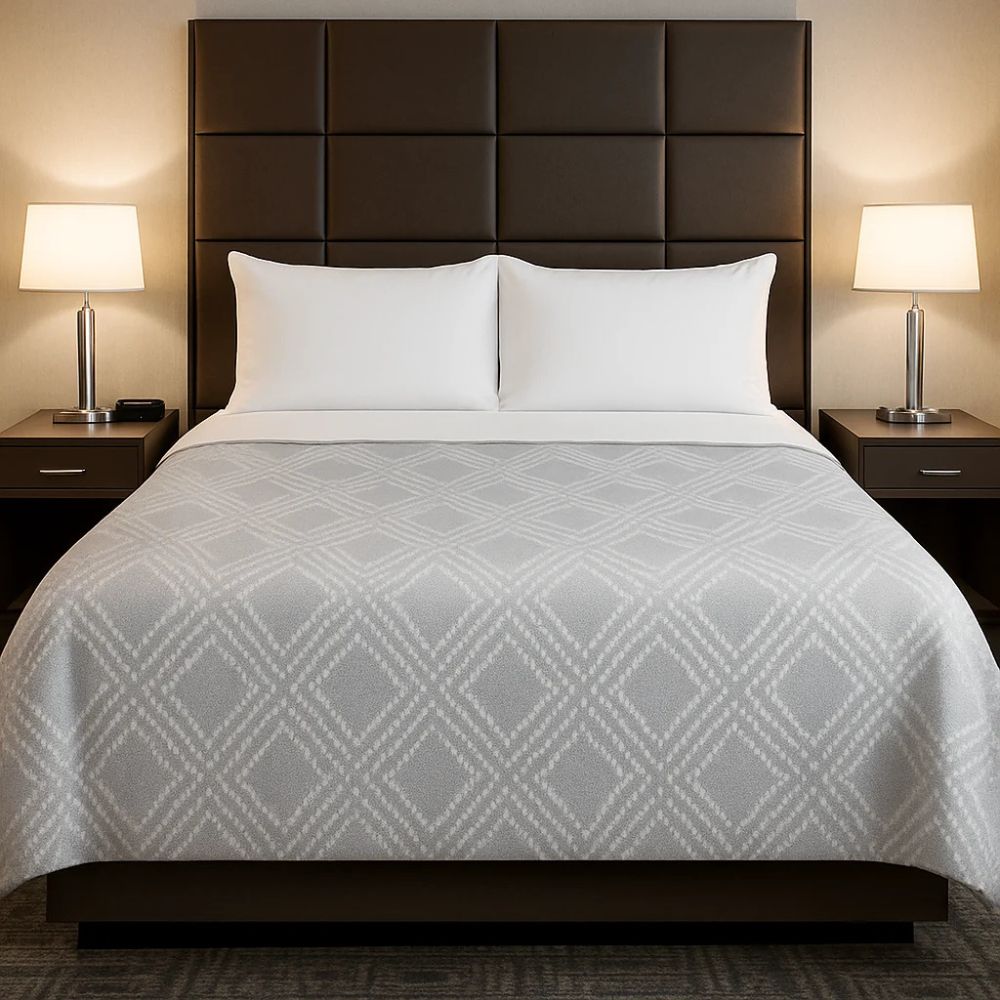 Light grey comforter with a subtle diamond pattern displayed on a modern bed with white pillows for a refined bedroom style.