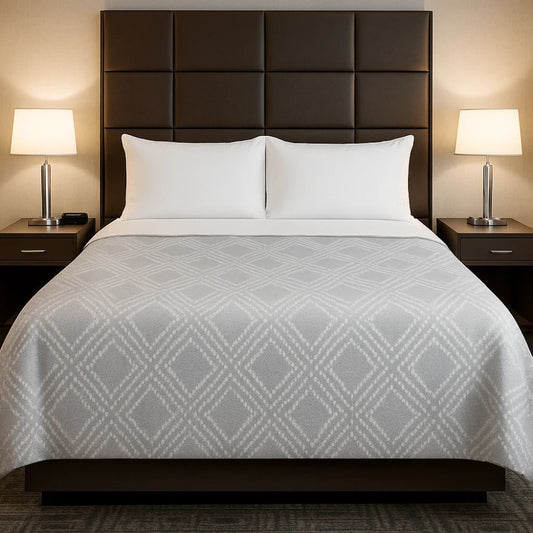 Light grey comforter with a subtle diamond pattern displayed on a modern bed with white pillows for a refined bedroom style.