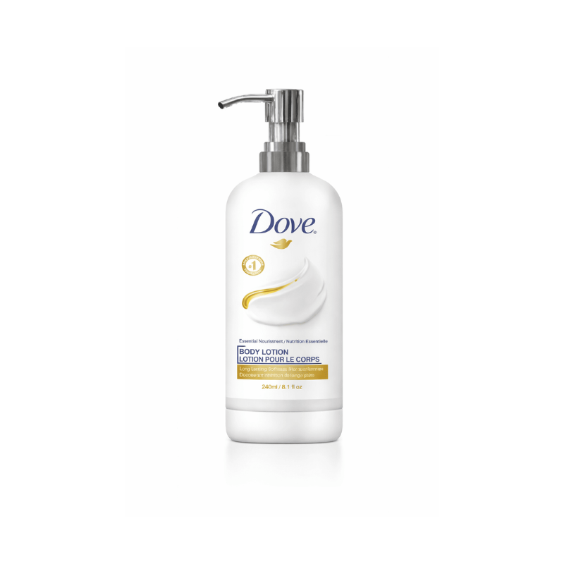 Dove body lotion, hydrating and smooth formula, ideal for hotels, guest bathrooms, and hospitality use
