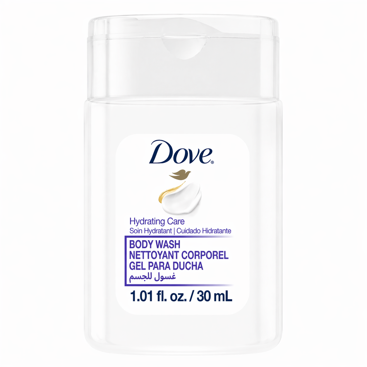 Dove hydrating body wash 30ml travel size, hotel amenity bottle for guest bathrooms, resorts, and Airbnb supplies