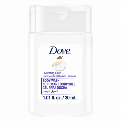 Dove hydrating body wash 30ml travel size, hotel amenity bottle for guest bathrooms, resorts, and Airbnb supplies