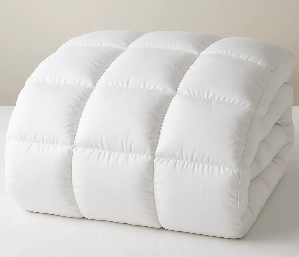 Luxurious white duvet with quilted texture, ideal for upscale hospitality bedding.