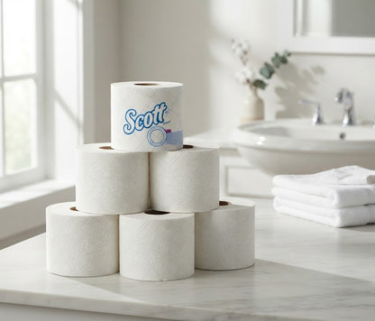 A pyramid of Scott toilet paper rolls on a marble vanity in a bright bathroom, with a sink and folded towels in the blurred background.