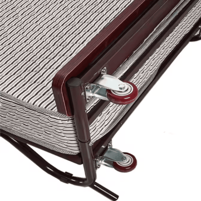 Detail view of foldable guest bed base with caster wheels. Perfect for hotels, resorts and Airbnb rentals.