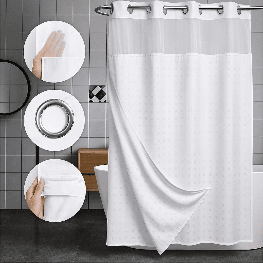 Hookless white lattice shower curtain with sheer window, 72x86, hotel-grade water-resistant polyester for easy care and elegance.