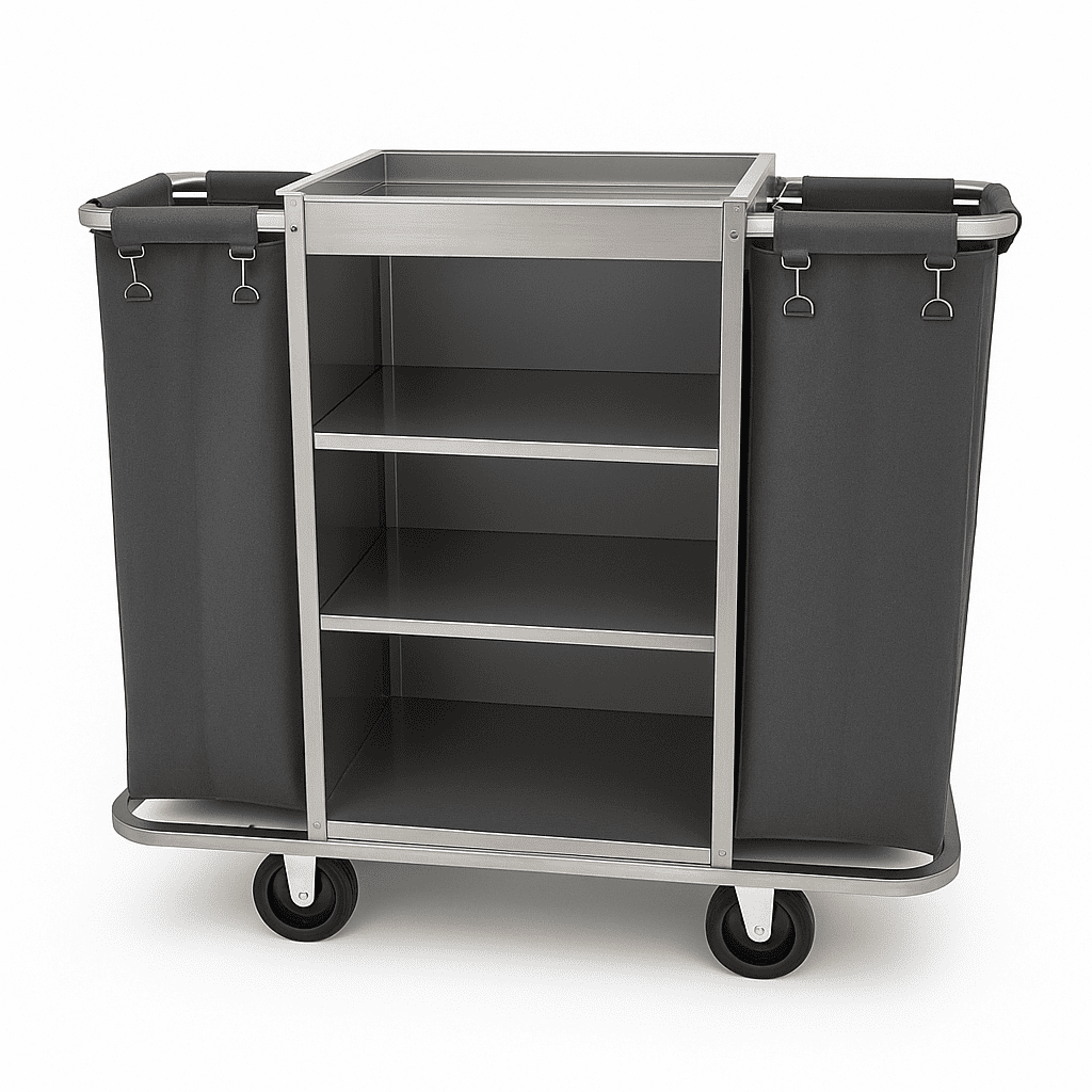 Stainless steel hotel housekeeping cart with double black laundry bags and open shelves, ideal for resorts and hospitality use.