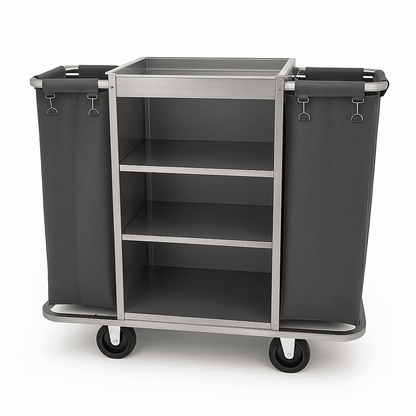 Stainless steel hotel housekeeping cart with double black laundry bags and open shelves, ideal for resorts and hospitality use.