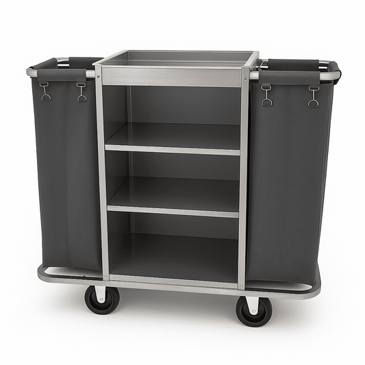 Stainless steel hotel housekeeping cart with double black laundry bags and open shelves, ideal for resorts and hospitality use.