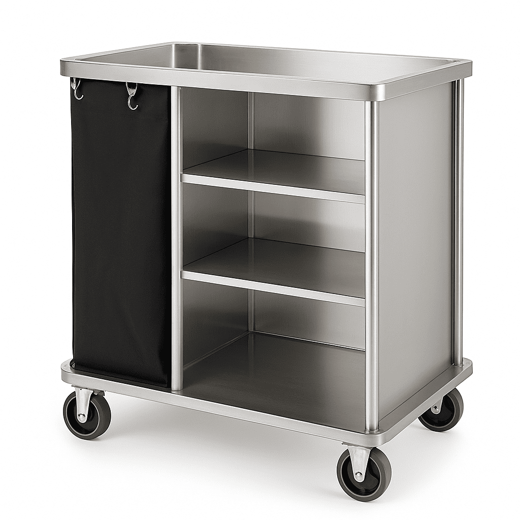 Stainless steel hotel housekeeping cart with single black laundry bag and open storage shelves, ideal for resorts and hospitality use.