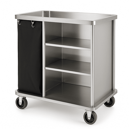 Stainless steel hotel housekeeping cart with single black laundry bag and open storage shelves, ideal for resorts and hospitality use.