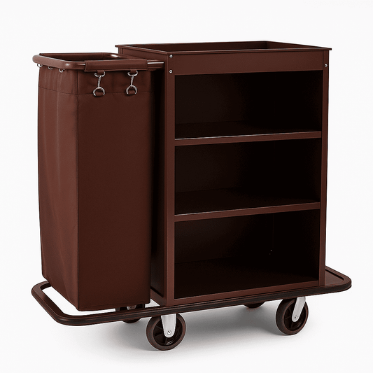 Housekeeping cart for cleaning supplies and hotel service, durable rolling trolley for efficient janitorial and hospitality operations