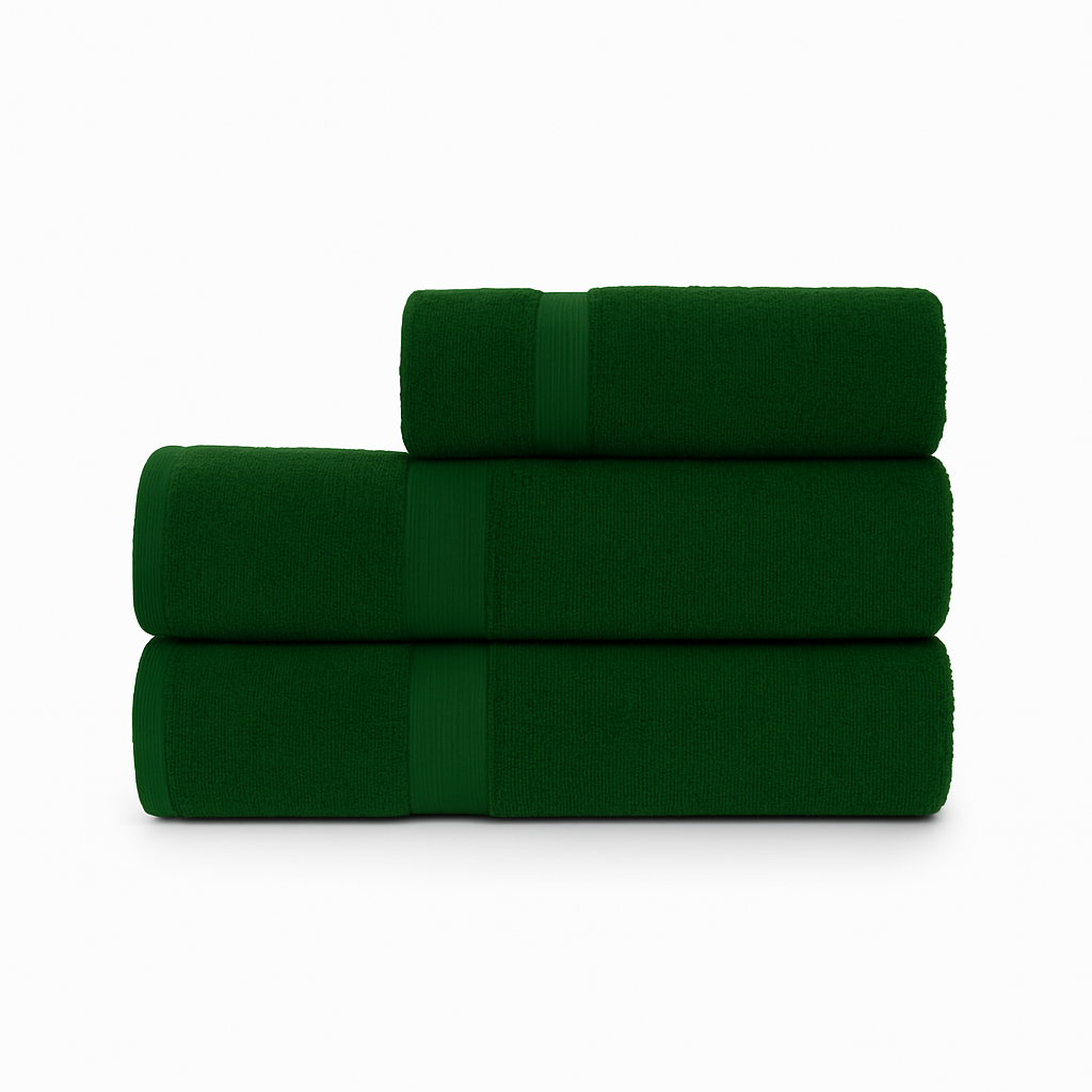 Affordable essential 3-piece hunter green towel set made from 100% combed cotton, soft and durable, perfect for hotels, spas, Airbnbs, or everyday home use