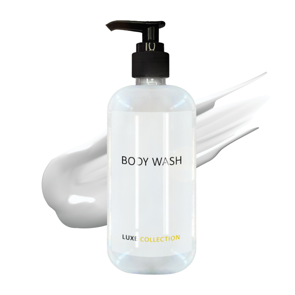 Luxe collection body wash in 300 ml bottle with creamy texture, with black pump designed for refined hotel bathrooms and elevated guest experiences.