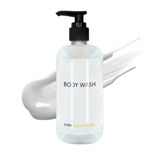 Luxe collection body wash in 300 ml bottle with creamy texture, with black pump designed for refined hotel bathrooms and elevated guest experiences.