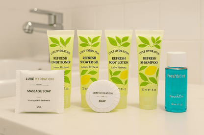 800-piece lemon verbena amenity set with 100 of each item, ideal for luxury hotels, boutique rentals, and executive stays