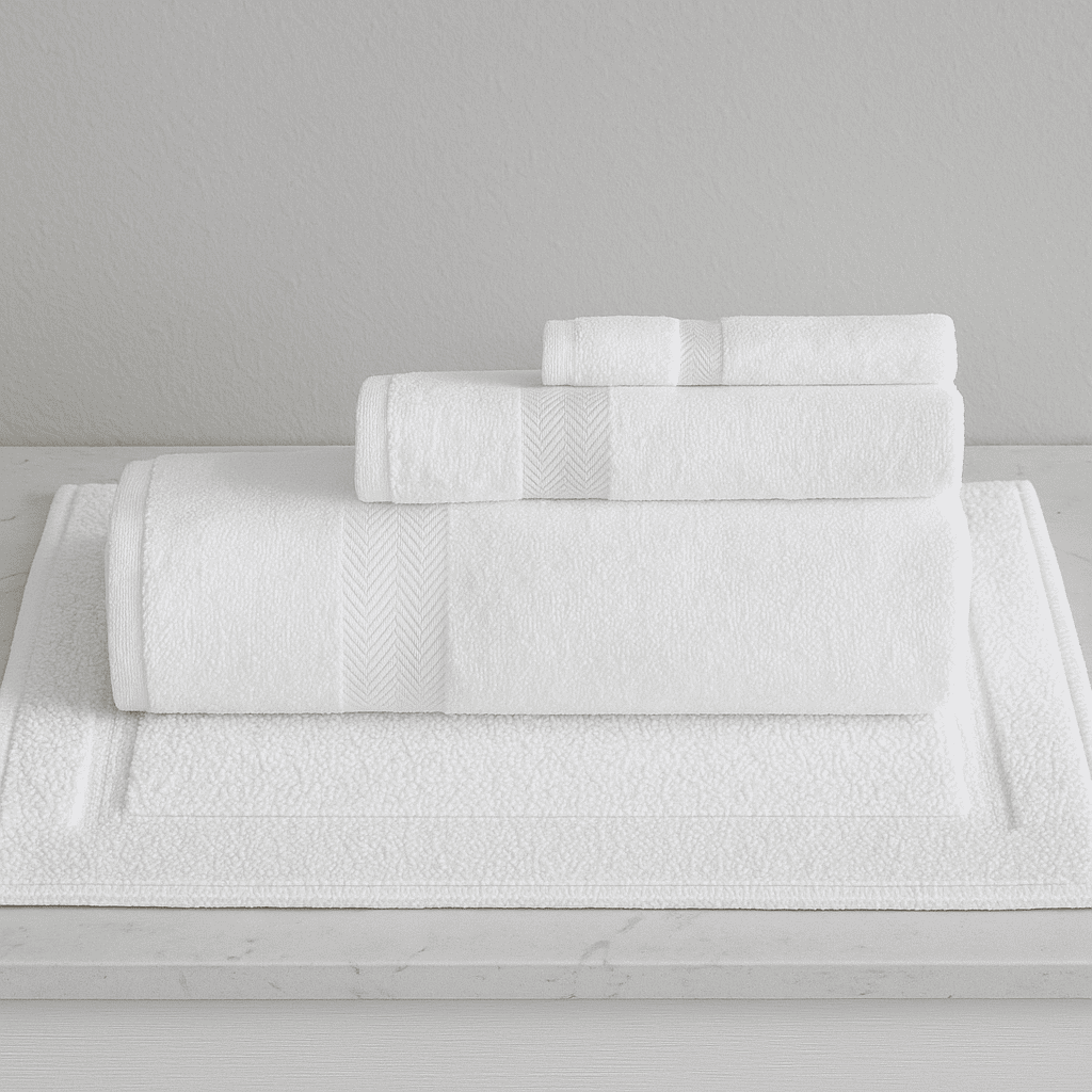Luxurious Turkish Towel Series white hotel towel set with matching bath mat, plush texture ideal for luxury resorts.