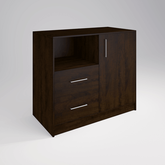 Hotel drawer cabinet in dark wood for guest room storage and organization