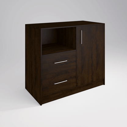 Hotel drawer cabinet in dark wood for guest room storage and organization