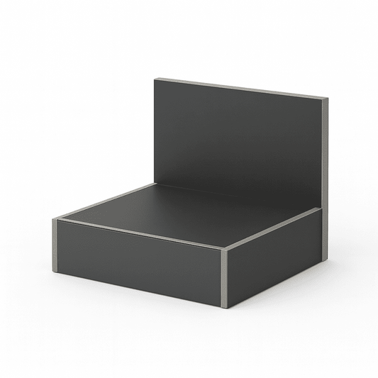 Modern black nightstand with grey push-to-open door, minimalist design ideal for hotel guest rooms.