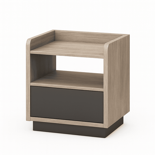 Modern oak and black nightstand with open shelf and lower drawer, minimalist design for hotels and contemporary interiors.