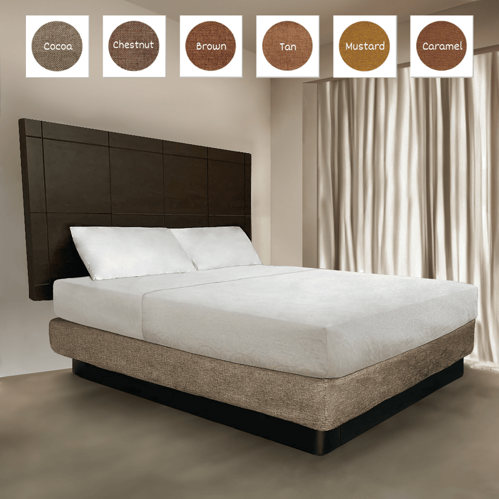 Bed hugger, multi colored, cotton, natural fibers, eco friendly. Tailored to hide bed base and complement modern guestroom interiors.