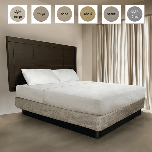 Decorative bed hugger for hotel rooms in a scale of light beige to light gray, tailored fit to enhance décor and hide bed base. 