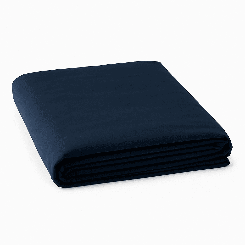 Angled view of navy blue bed sheet folded neatly, premium cotton texture perfect for hotel and resort.