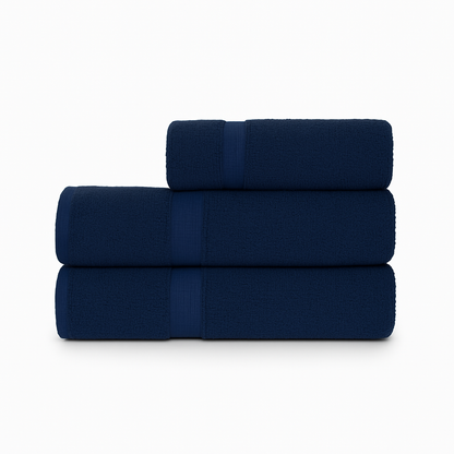 Affordable essential 3-piece navy towel set made from 100% combed cotton, soft and durable, perfect for hotels, spas, Airbnbs, or everyday home use