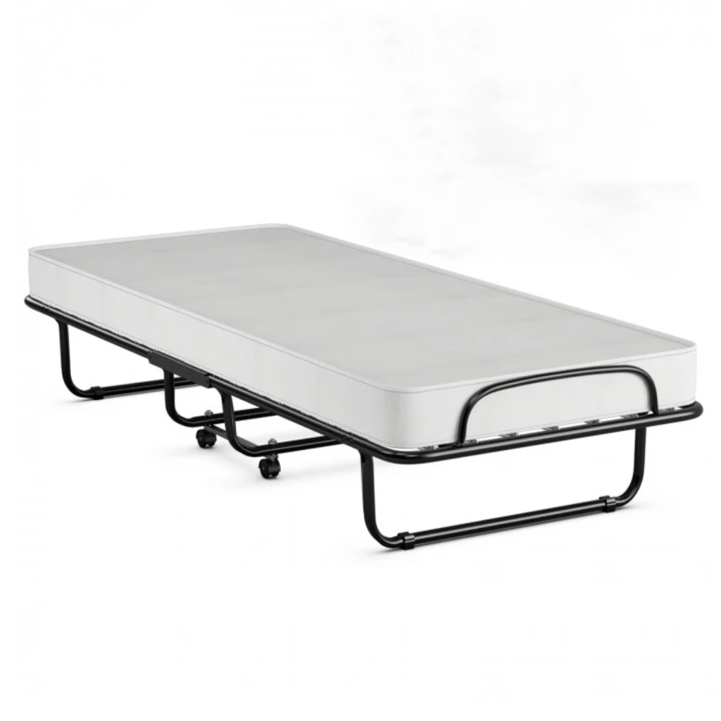 Foldable guest bed with metal frame, ideal for hotels and Airbnb.