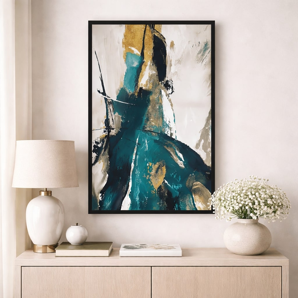 Abstract blue and gold wall art in black frame, modern luxury decor for living rooms and hotels