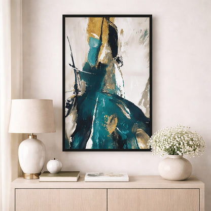 Abstract blue and gold wall art in black frame, modern luxury decor for living rooms and hotels