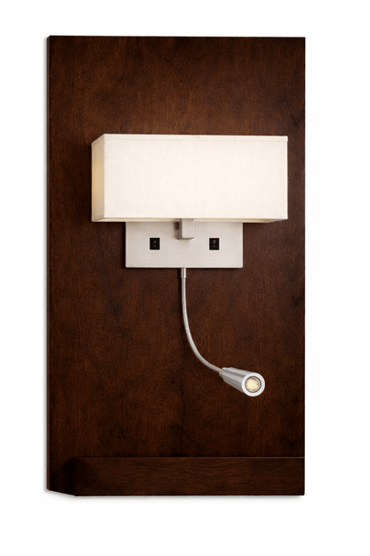 Hotel wall lamp with wood panel and LED reading light for bedside lighting