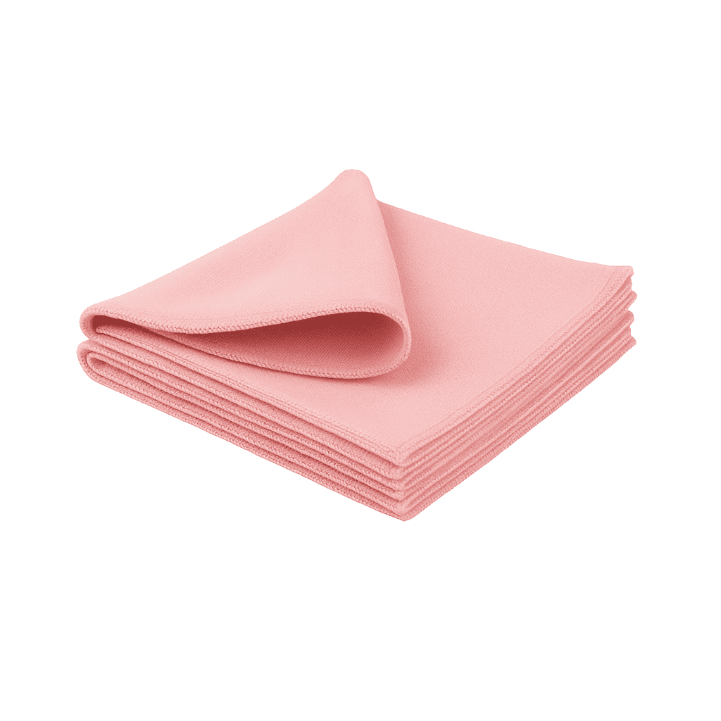 Pink microfiber cleaning cloth, soft 300GSM towel for hotel housekeeping and professional cleaning tasks.
