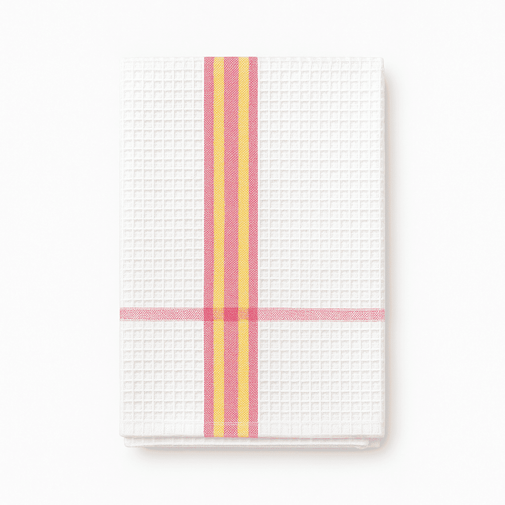 White waffle weave dish towel with pink and yellow stripes, neatly folded, perfect for hotel and resort kitchens and in hospitality use.