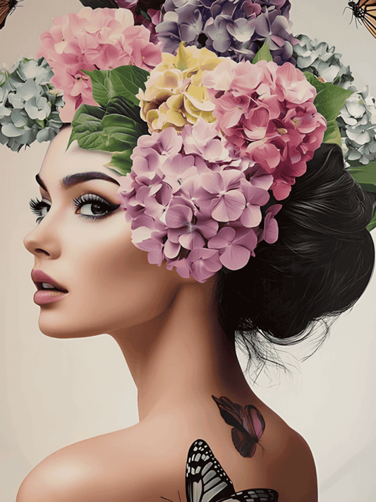 Decorative hotel wall art with elegant woman and hydrangea flowers, butterfly detail. Perfect for modern interior.