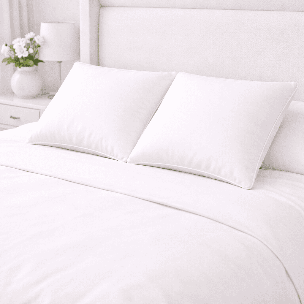 White bedding set with two premium gel pillows on a bed in a luxury hotel bedroom.