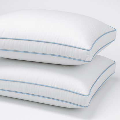 Premium gel pillows with light blue piping, hotel-quality comfort and cooling support for luxury stays